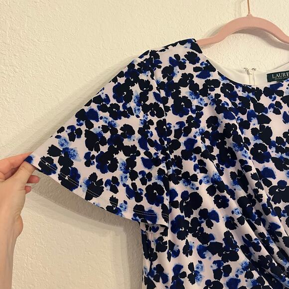 Lauren Ralph Lauren Cocktail Dress Size 16 ALine Blue Floral Stretch Event Party - Picture 3 of 13